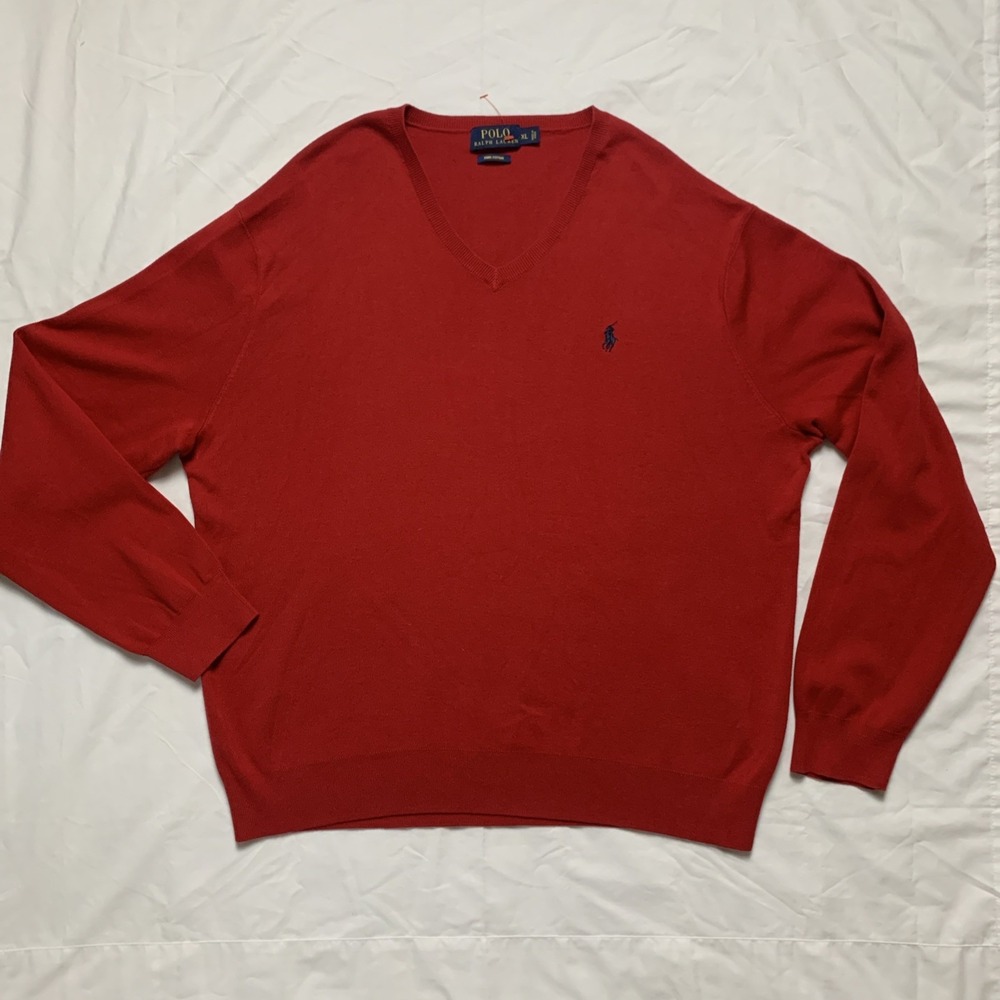 Polo Ralph Lauren Men's V-Neck Sweater Pima Cotton Red Size XL Long Sleeve EUC